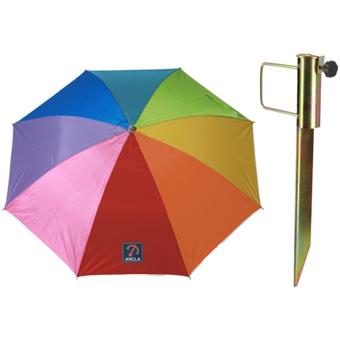 Parasol met metalen grondharing - multi kleuren gesteept - polyester - Dia 140 cm - verstelbaar -