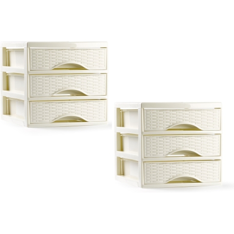 Ladeblokje/bureau organizer - 2x - 3 lades - creme wit - L18 x B23 x H17 cm - plastic -