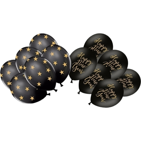 Happy New Year thema ballonnen zwart 2 soorten prints - set 36x stuks -