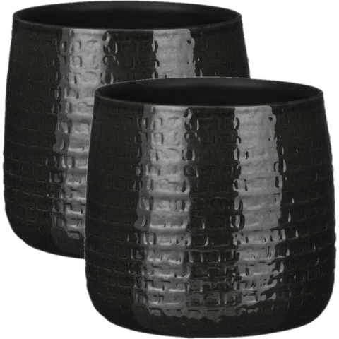 Plantenpot/bloempot keramiek zwart relief patroon - 2x - D24 en H21 cm -