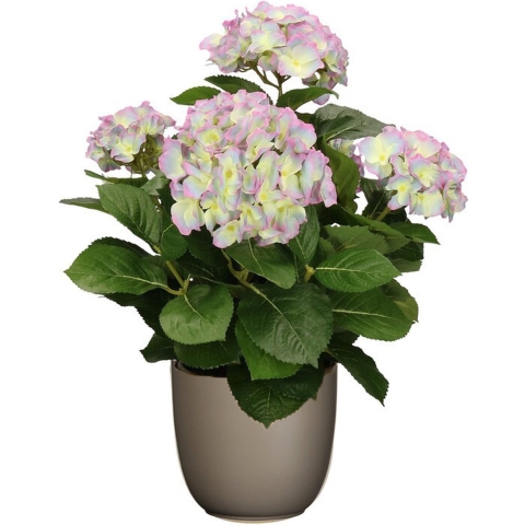 Hortensia kunstplant/kunstbloemen 45 cm - paars/groen - in pot taupe mat -