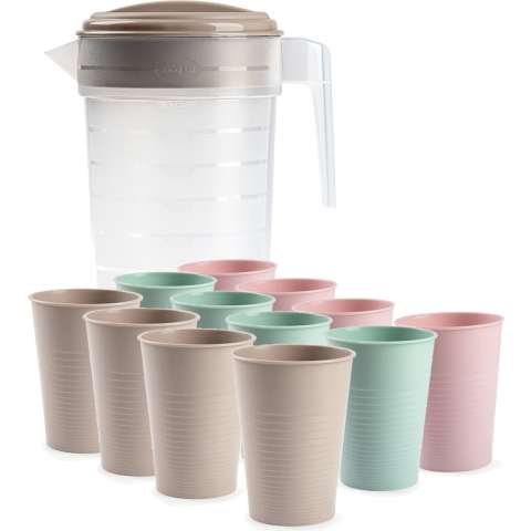 Water/limonade schenkkan 2 liter met 12x kunststof glazen voordeelset -