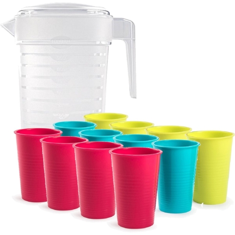 Water/limonade schenkkan 2 liter met 12x kunststof glazen voordeelset -
