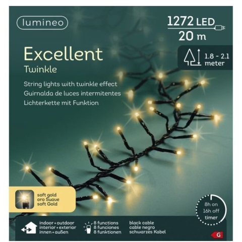 Lumineo LED Excellent Twinkle 1272 LEDs 20 m Zwart Soft Gold Licht