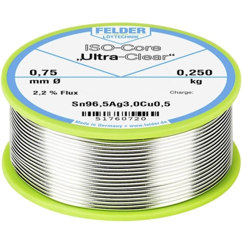 Felder ISO-Core Ultra Clear SAC305 Soldeertin Spoel Sn96,5Ag3Cu0,5 0.250 kg 0.75 mm