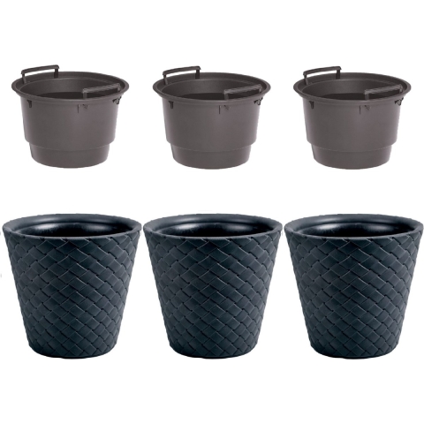3x Kunststof Matuba rotan bloempotten/plantenpotten antraciet 40 cm inclusief binnenpot -