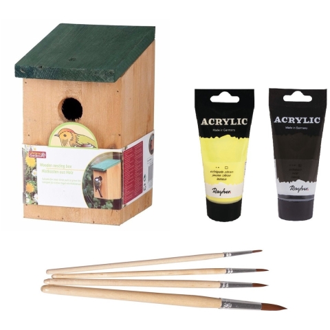 Houten vogelhuisje/nestkastje 22 cm - zwart/geel Dhz schilderen pakket -