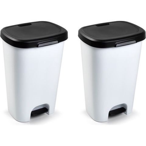 2x stuks witte afvalemmers/vuilnisemmers 50 liter met zwarte deksel en pedaal -