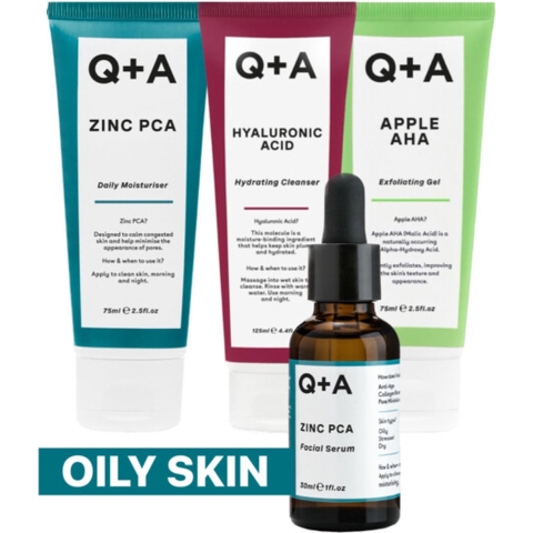 Q+A Oily Skin - Reinigingsgel 1x 125 ml&Exfoliant 1x 75 ml&Gezichtsserum 1x 30 ml&Moisturiser 1x 75 ml - Pakket