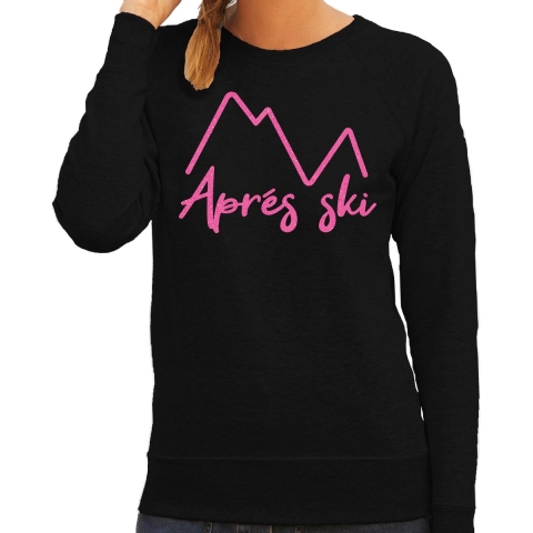 Apres ski sweater dames - Apres ski - bergen - zwart - glitter roze - wintersport M -