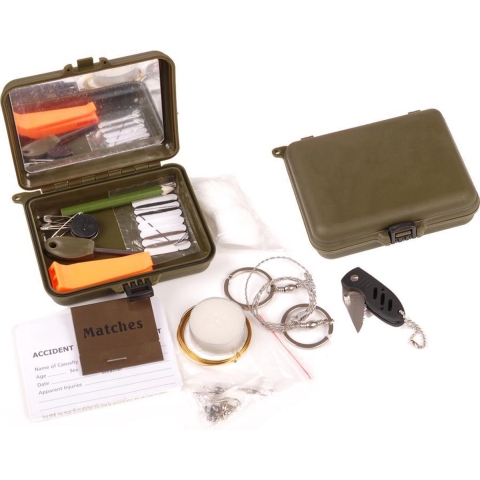 Survival kit - groen - 15-delig - waterproof - outdoor accessoires - Noodpakket - Bushcraft -