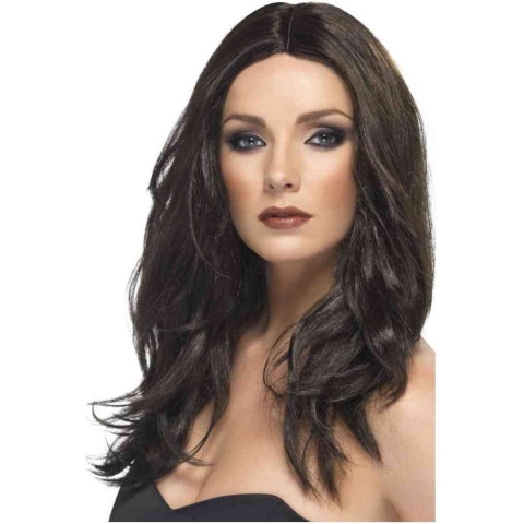 Halflange donkerbruine pruik - met laagjes - verkleden - voor dames - feestartikelen -