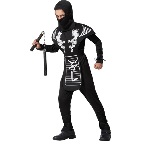 Carnaval verkleed kostuum/outfit - Ninja - voor jongens - zwart/wit - polyester 116 (5-6 jaar) -