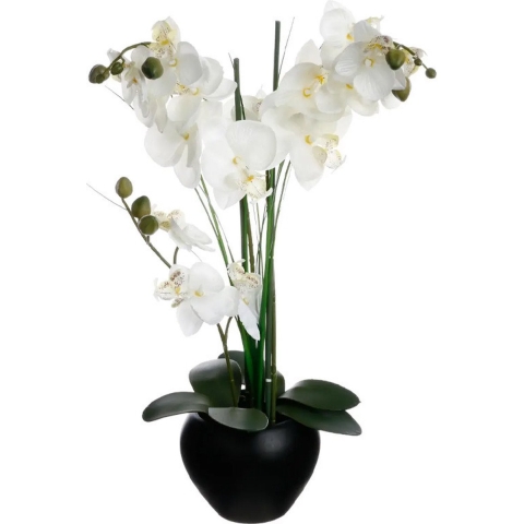 Orchidee bloemen kunstplant in zwarte bloempot - witte bloemen - H53 cm -
