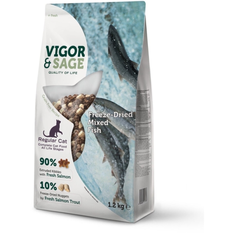 Vigor&Sage Kattenvoer Droog Adult Freeze-Dried Mixed Fish 1,2 kg