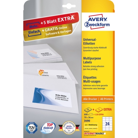 Avery-Zweckform 3490 Universele etiketten 70 x 36 mm Papier Wit 720 stuk(s) Permanent hechtend Inkjet, Laser (zwart/wit), Laser (kleur), Kopiëren (zwart/wit),
