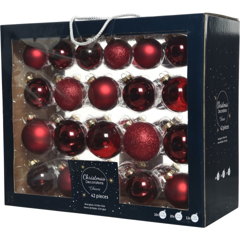 Decoris kerstballen - 42x - donkerrood - glas - 5-6-7 cm - mat/glans/glitter - kerstversiering -