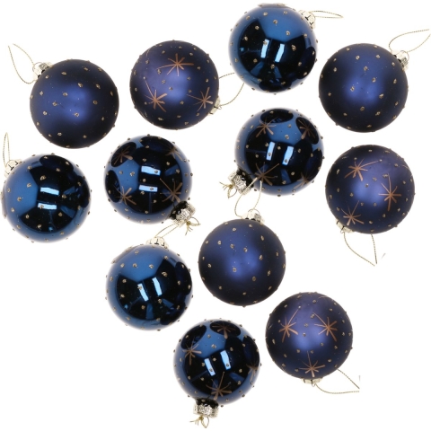 Kerstballen - 12x st - blauw - D6 cm - glas - gedecoreerd - luxe -
