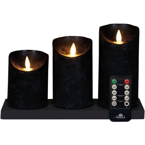 Anna's Collection Oplaadbare LED kaarsen - 3x - zwart - oplaadstation - stompkaarsen -