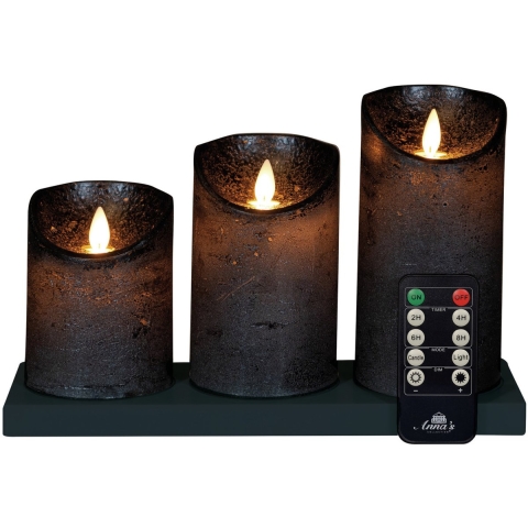Anna's Collection Oplaadbare LED kaarsen - 3x - antraciet - oplaadstation - stompkaarsen -