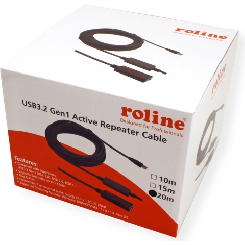 ROLINE USB 3.2 Gen 1 Actieve Repeater kabel, zwart, 20 m