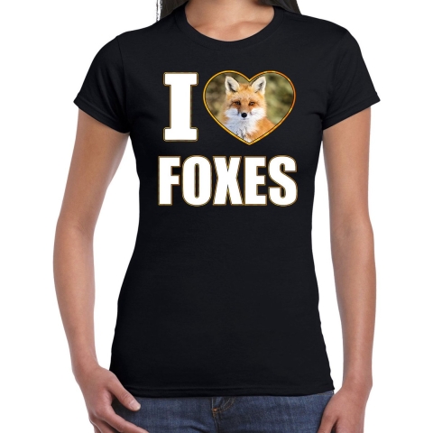 I love foxes t-shirt met dieren foto van een vos zwart voor dames XS -