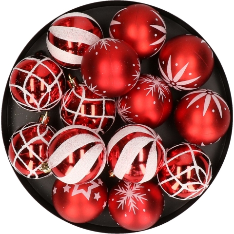 Gedecoreerde kerstballen - 25x stuks - 6 cm - rood - kunststof - kerstversiering -