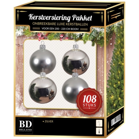 Kerstbal en ster piek set 108x zilver voor 210 cm boom -