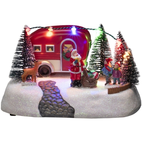 Konstsmide?Kerstdorp kerstman met caravan - 18,5 cm - met led verlichting - kerstbeeldje -