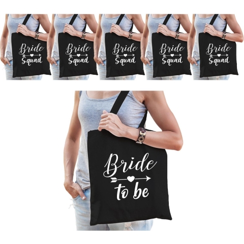 Vrijgezellenfeest dames tasjes/ goodiebag pakket: 1x Bride to Be zwart+ 5x Bride Squad zwart -
