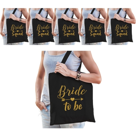 Vrijgezellenfeest dames tasjes/ goodiebag pakket: 1x Bride to Be zwart goud+ 5x Bride Squad zwart go -