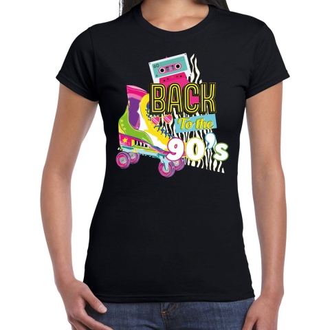Verkleed T-shirt voor dames - back to the 90s - zwart - jaren 90 - foute party - carnaval XS -
