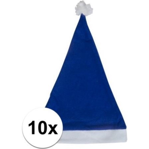 Voordelige kerstmuts - 10x - blauw - voor volwassenen - polyester - 59 cm - kerstaccessoires -