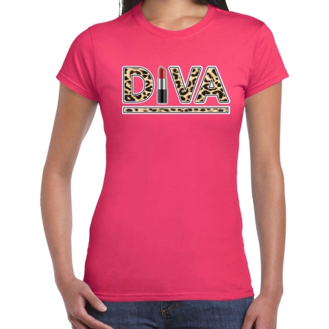 Diva lipstick fun tekst t-shirt voor dames roze met panter print 2XL -