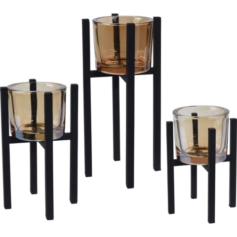 Home & Styling Theelichthouders - set 3x stuks - zwart - metaal/glas - Waxinelichthouders -