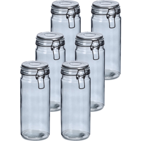 Voorraadpotten/bewaarpotten - 10x - 1L - grijs - glas - beugelsluiting - D10 x H20 cm -