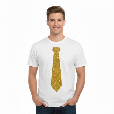 T-shirt met stropdas print goud - heren - wit - feestelijke shirts - glitter - glamour M -