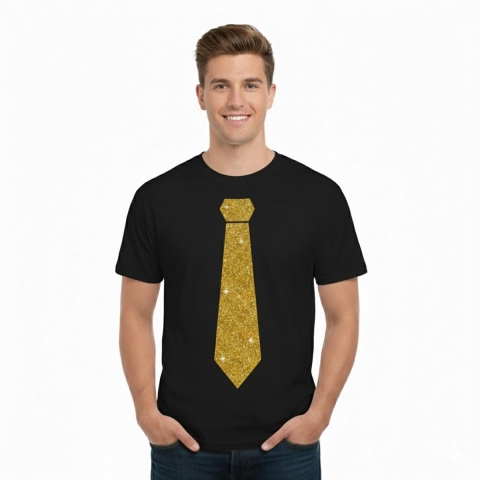 T-shirt met stropdas print goud - heren - zwart - feestelijke shirts - glitter - glamour L -