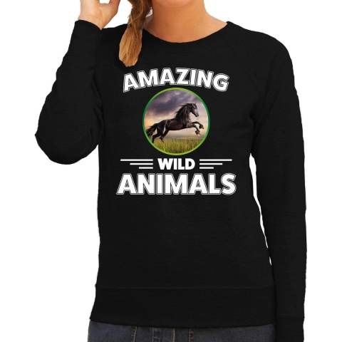 Sweater paarden amazing wild animals / dieren trui zwart voor dames XS -
