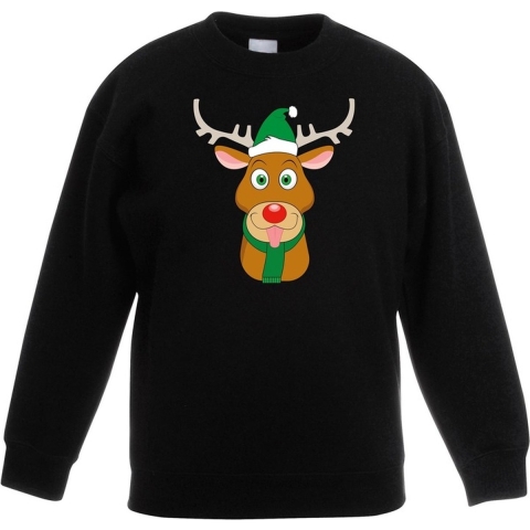 Kersttrui rendier Rudolf met groene kerstmuts zwart kinderen 9-11 jaar (134/146) -