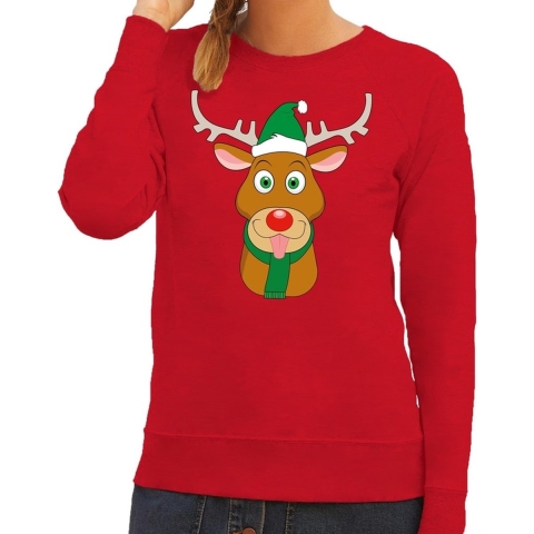 Foute kersttrui rendier Rudolf met groene kerstmuts rood dames XL (42) -