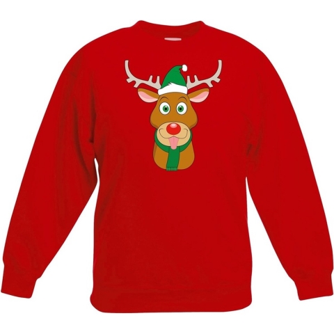 Kersttrui rendier Rudolf met groene kerstmuts rood kinderen 7-8 jaar (122/128) -