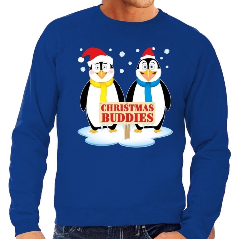 Foute kersttrui pinguin vriendjes blauw heren S (48) -
