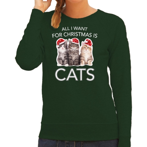 Kitten Kerst sweater / outfit All I want for Christmas is cats groen voor dames XL -