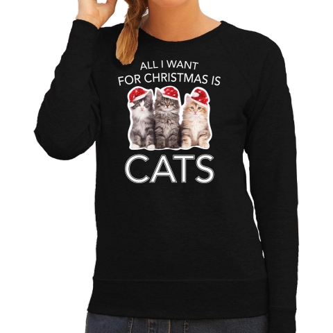 Kitten Kerst sweater / outfit All I want for Christmas is cats zwart voor dames L -
