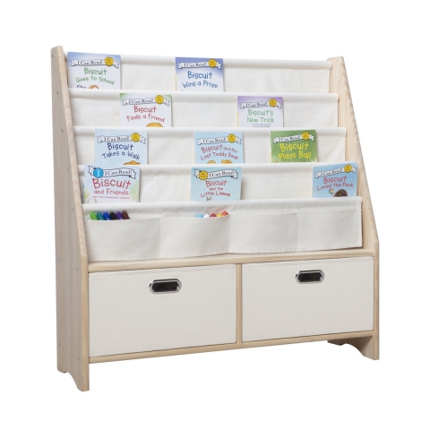 Massief Houten + KatoenKinderboekenrek, Kinderboekenkast, Kinderboekenplank W90 x D35 x H95 cm met 2 Opslagbakken - Boekenkast voor Kinderen - Speelgo