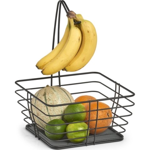 Zeller Fruitmand - vierkant - banaan hanger - zwart - 26 cm - draad metaal - fruitschaal -
