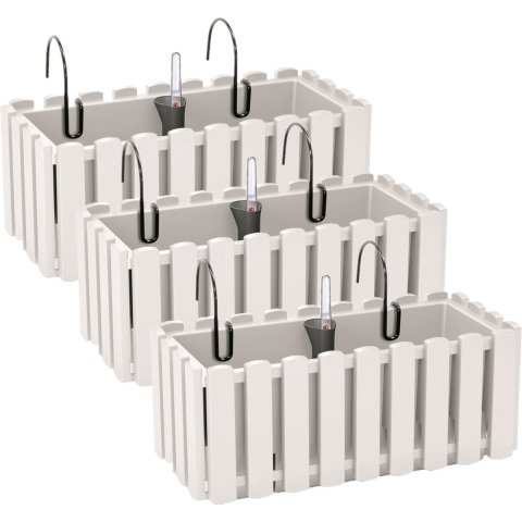 3x stuks fence-look ophang plantenbakken/bloembakken kunststof 38 x 18 x 16 cm parel wit -