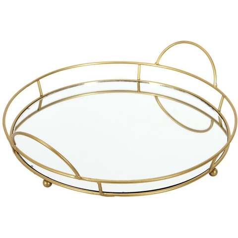 Home Deco Factory dienblad van spiegel glas - Rond - 34 x 4 cm - goud metaal - opstaande rand -