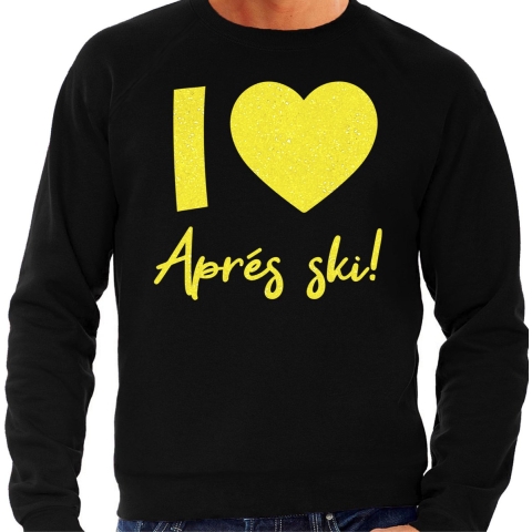 Apres ski sweater heren - I love Apres ski - zwart - glitter geel - wintersport - skieen XL -
